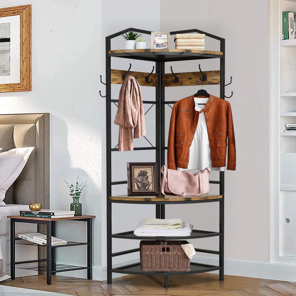 Recaceik 5-in-1 Hall Tree Entryway Bench Coat Rack with 11 Hooks and 2 Hanging Rods, Grid Panel Home Organizer Shoe Shelf for Corner, Hallway, Closet, Rustic Brown