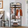 Recaceik 5-in-1 Hall Tree Entryway Bench Coat Rack with 11 Hooks and 2 Hanging Rods, Grid Panel Home Organizer Shoe Shelf for Corner, Hallway, Closet, Rustic Brown view 1