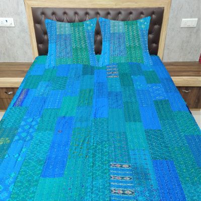 Blanket Bedding Bedspread Bed Kantha Vintage Handmade Silk Patchwork Indian Art Cover India Sari Bohemian Spreads Washed Patola Spread Quilt