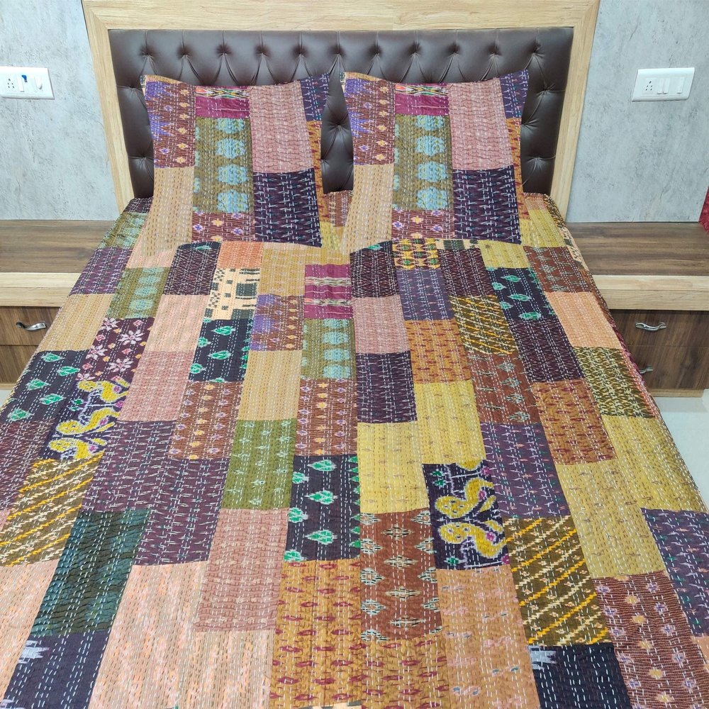 Blanket Bedding Bedspread Bed Kantha Vintage Handmade Silk Patchwork Indian Art Cover India Sari Bohemian Spreads Washed Patola Spread Quilt