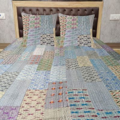 Blanket Bedding Bedspread Bed Kantha Vintage Handmade Silk Patchwork Indian Art Cover India Sari Bohemian Spreads Washed Patola Spread Quilt