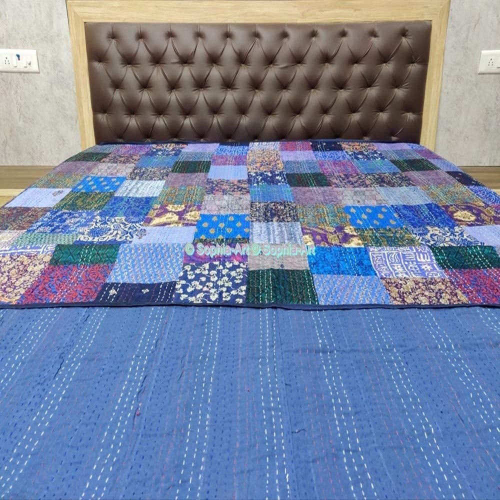 Blanket Bedding Bedspread Bed Kantha Vintage Handmade Silk Patchwork Indian Art Cover India Sari Bohemian Spreads Washed Patola Spread Quilt