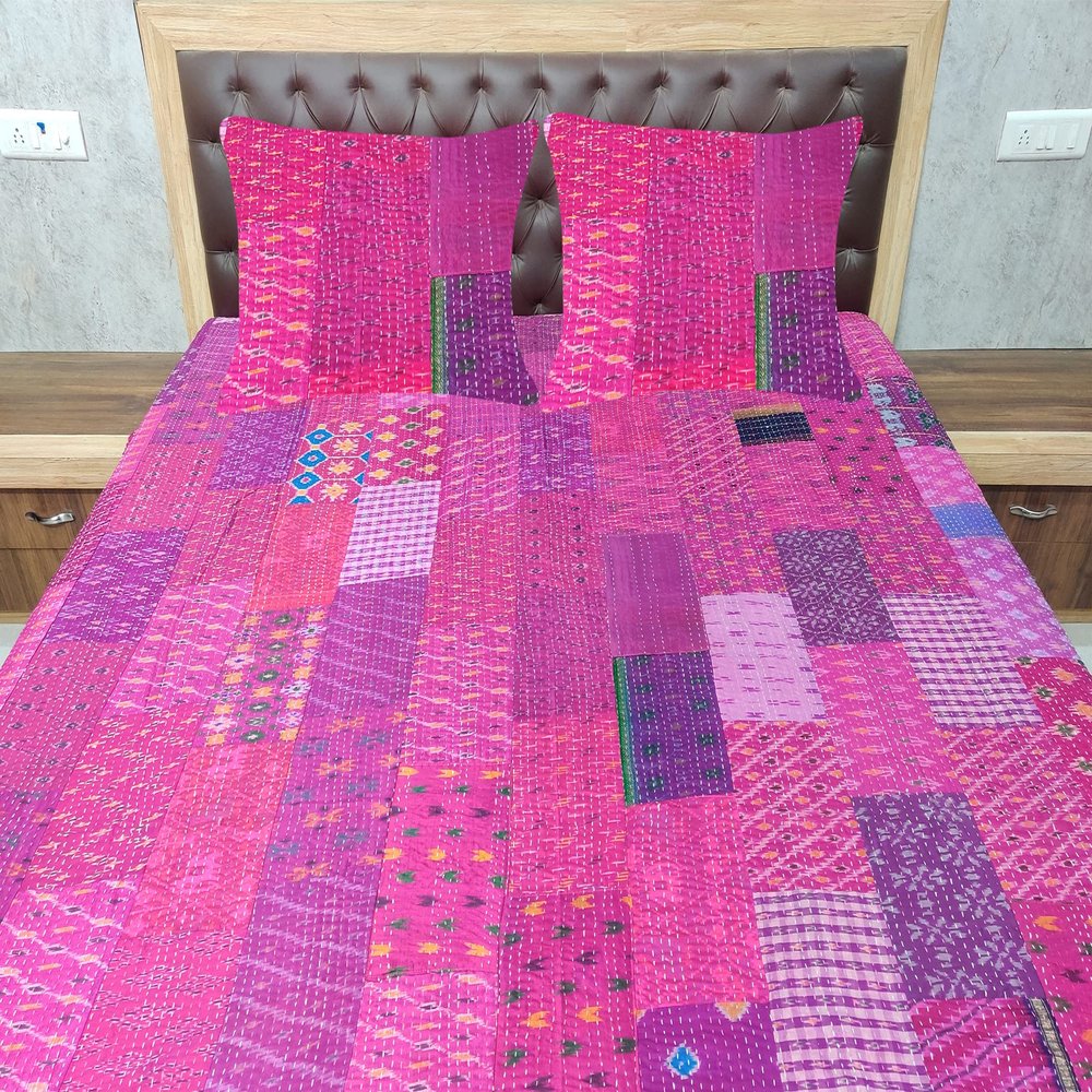 Blanket Bedding Bedspread Bed Kantha Vintage Handmade Silk Patchwork Indian Art Cover India Sari Bohemian Spreads Washed Patola Spread Quilt