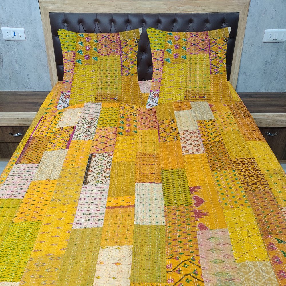 Blanket Bedding Bedspread Bed Kantha Vintage Handmade Silk Patchwork Indian Art Cover India Sari Bohemian Spreads Washed Patola Spread Quilt