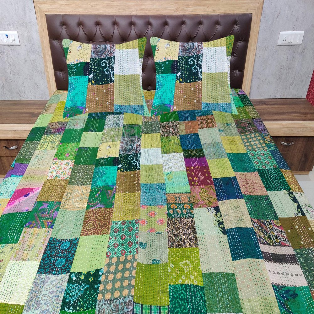 Blanket Bedding Bedspread Bed Kantha Vintage Handmade Silk Patchwork Indian Art Cover India Sari Bohemian Spreads Washed Patola Spread Quilt