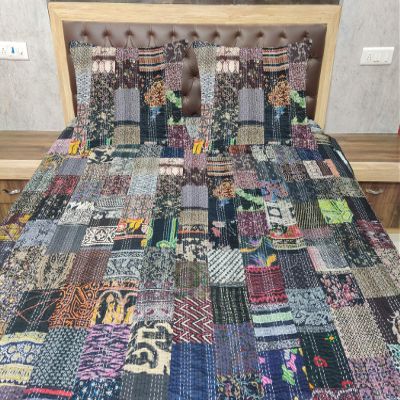 Blanket Bedding Bedspread Bed Kantha Vintage Handmade Silk Patchwork Indian Art Cover India Sari Bohemian Spreads Washed Patola Spread Quilt