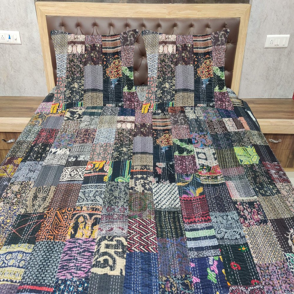 Blanket Bedding Bedspread Bed Kantha Vintage Handmade Silk Patchwork Indian Art Cover India Sari Bohemian Spreads Washed Patola Spread Quilt