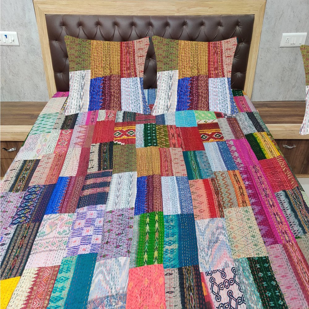 Blanket Bedding Bedspread Bed Kantha Vintage Handmade Silk Patchwork Indian Art Cover India Sari Bohemian Spreads Washed Patola Spread Quilt