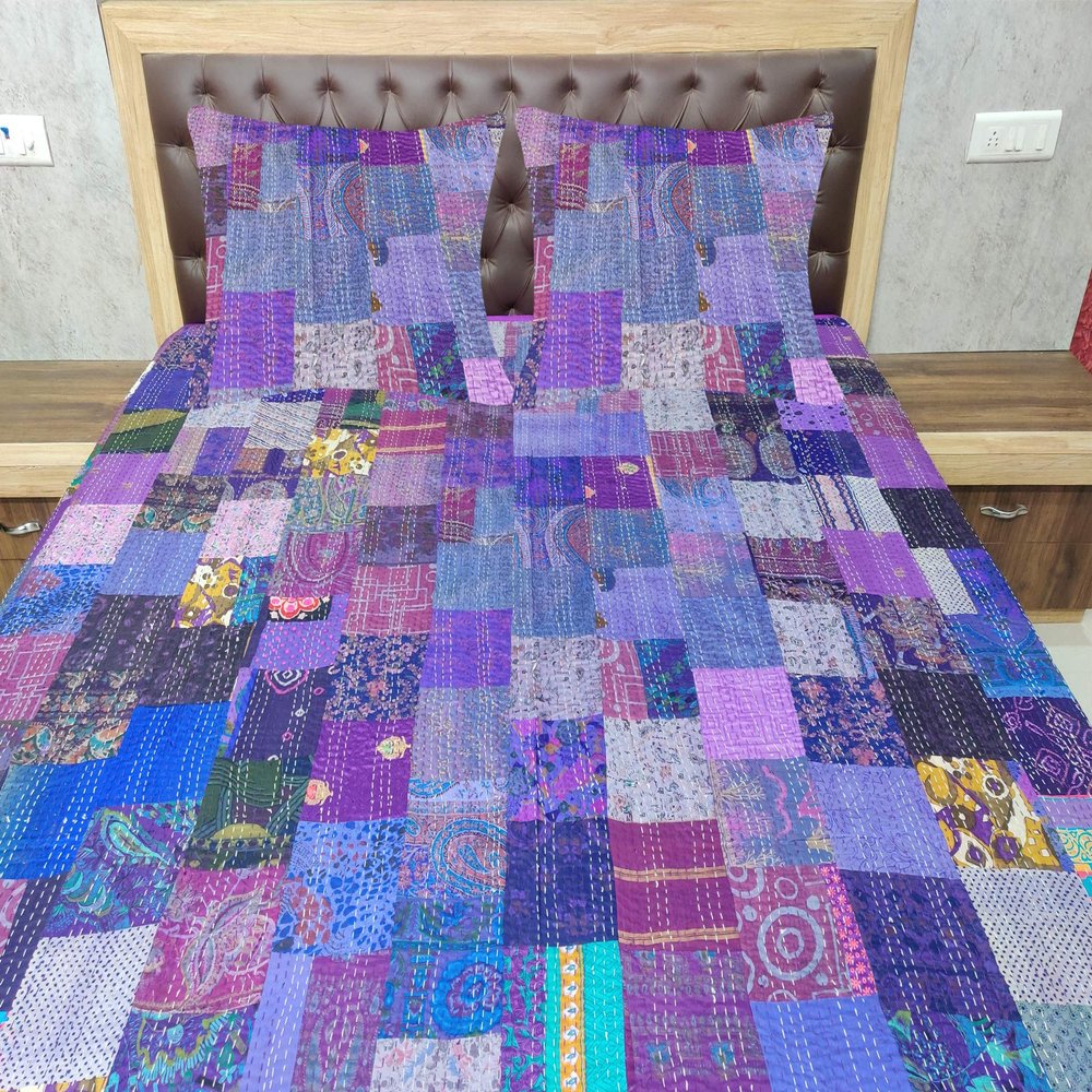 Blanket Bedding Bedspread Bed Kantha Vintage Handmade Silk Patchwork Indian Art Cover India Sari Bohemian Spreads Washed Patola Spread Quilt