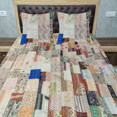 Blanket Bedding Bedspread Bed Kantha Vintage Handmade Silk Patchwork Indian Art Cover India Sari Bohemian Spreads Washed Patola Spread Quilt
