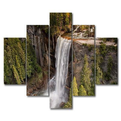5 Piece Native American Wall Art Yosemite Falls Autumn Forest Landscape Picture Waterfall Mountain Painting Canvas Print Artwork Contemporary Nature Picture Decor for Home Office Wall, 60"Wx40"H