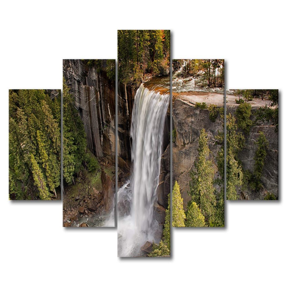 5 Piece Native American Wall Art Yosemite Falls Autumn Forest Landscape Picture Waterfall Mountain Painting Canvas Print Artwork Contemporary Nature Picture Decor for Home Office Wall, 60"Wx40"H