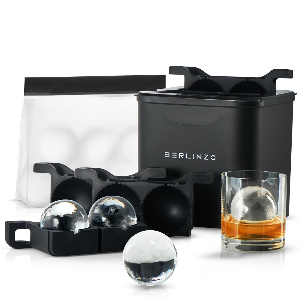 Berlinzo Premium Clear Ice Ball Maker Mold - 4 Large 2.1-inch Crystal Clear Ice Spheres for Whiskey & Cocktails - Easy-to-Remove Ice Round Mold - Storage Bag & Silicone Inserts Included (Non-Electric)