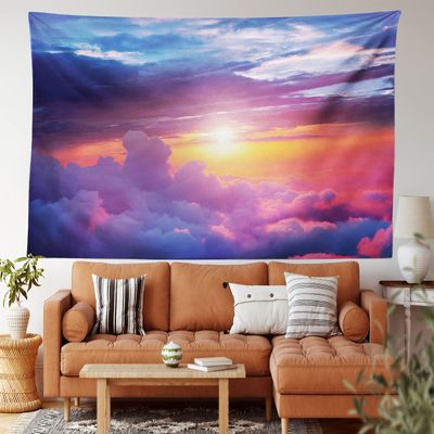 Ambesonne Landscape Tapestry, Sunset Scene with Sky and Clouds with Vibrant Colors and Shadows Print, Fabric Wall Hanging Decor for Bedroom Living Room Dorm, 28" X 23", Blue Yellow Purple