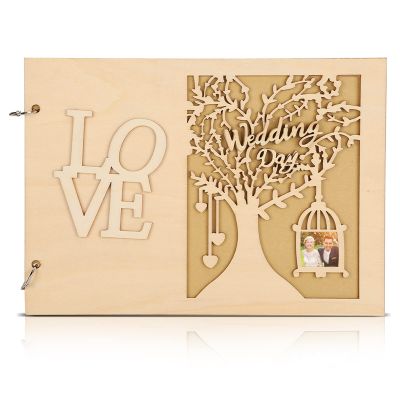 HERCHR Wooden Wedding Guest Book, Guest Book Message Notebook for Wedding, 28 x 20cm(#2)