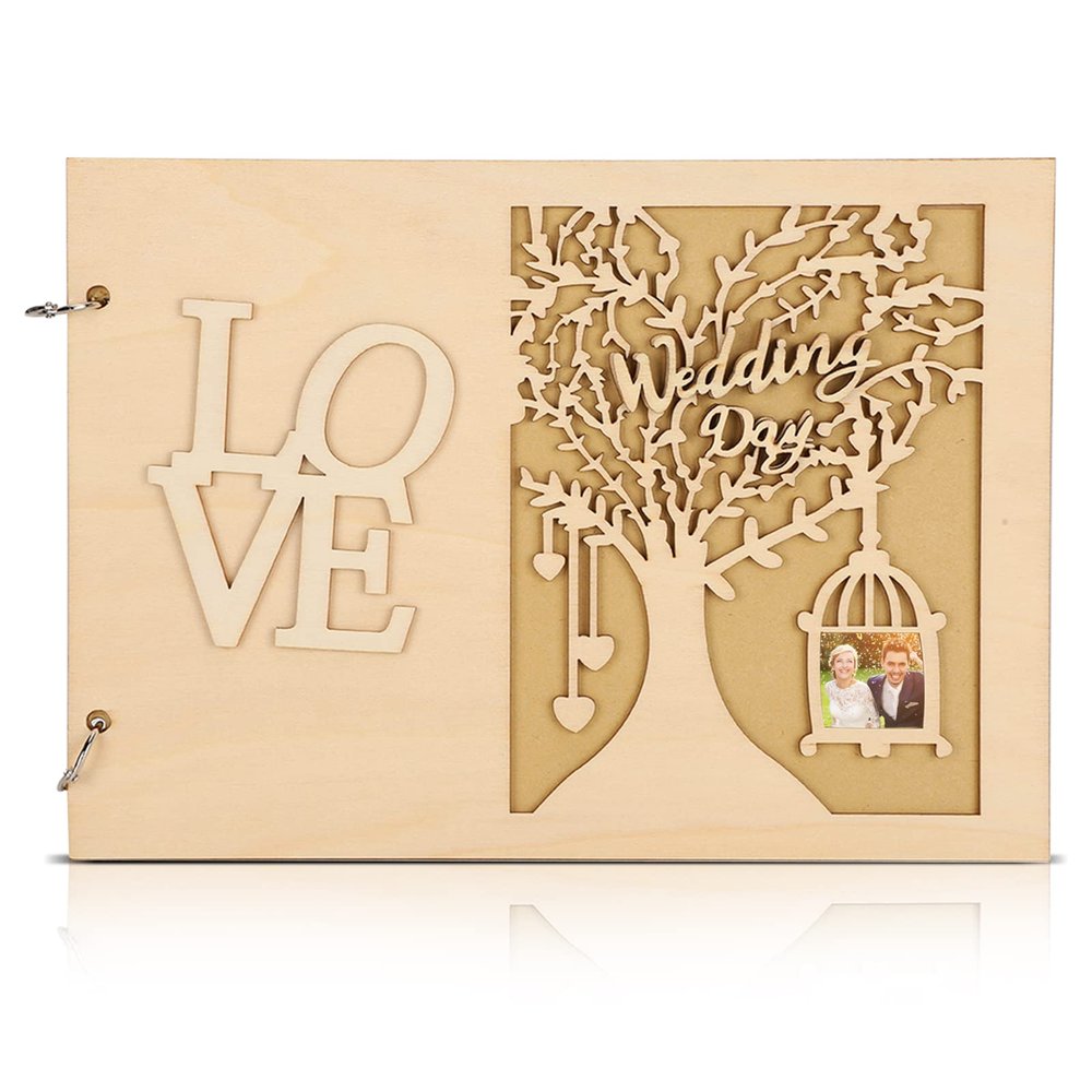 HERCHR Wooden Wedding Guest Book, Guest Book Message Notebook for Wedding, 28 x 20cm(#2)