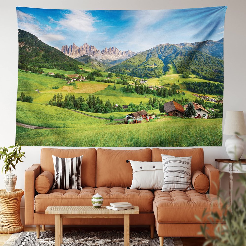 Ambesonne Nature Tapestry, Alps in the Spring Season with Fresh Grass Sky Majestic Mountains Image, Fabric Wall Hanging Decor for Bedroom Living Room Dorm, 28" X 23", Fern Green Sky Blue