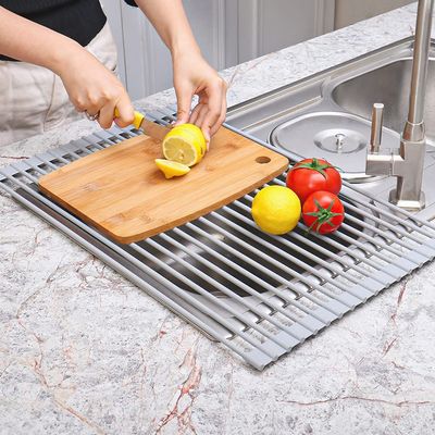 20.5 inches L x 13 inches W Roll-Up Dish Drying Rack Large Over The Sink , Heat-Resistant Anti-Slip Silicone Coated Stainless Steel Dish Drainer Multipurpose for Kitchen Counter, Gray