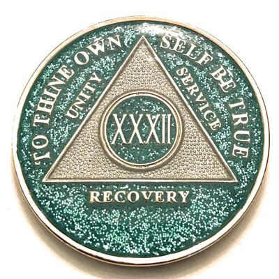 32 Year AA, Aqua, Turquoise, Blue, Bling, Glitter, Medallion, Bling, Chip, Coin, Token