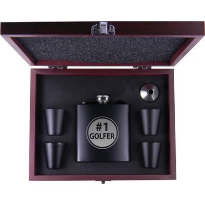 #1 Golfer Flask, Funnel, (4) Shot Glasses, and MDF Presentation Gift Box with Rosewood Finish - Golfing Hip Stainless Steel Metal Matte 6-Ounce Golf Bag Flask