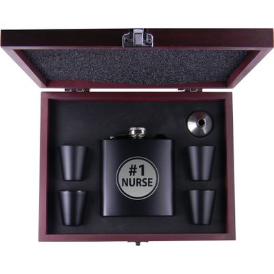 #1 Nurse Flask, Funnel, (4) Shot Glasses, and MDF Presentation Gift Box with Rosewood Finish - Golfing Hip Stainless Steel Metal Matte 6-Ounce Golf Bag Flask