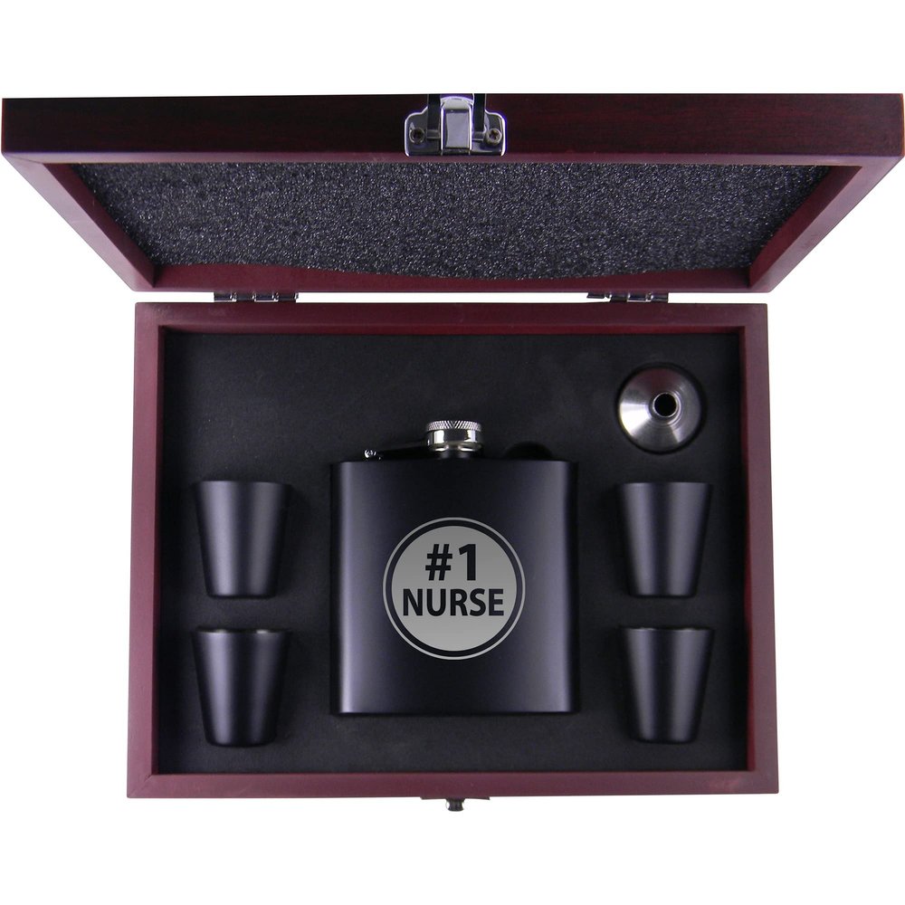 #1 Nurse Flask, Funnel, (4) Shot Glasses, and MDF Presentation Gift Box with Rosewood Finish - Golfing Hip Stainless Steel Metal Matte 6-Ounce Golf Bag Flask