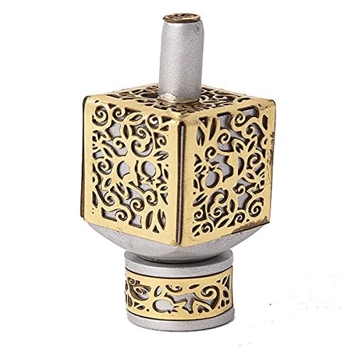 Yair Emanuel Decorative Dreidel with Stand | Pomegranates Cutout Design | Hanukkah Gift Jewish Decorations (Brass, Medium)
