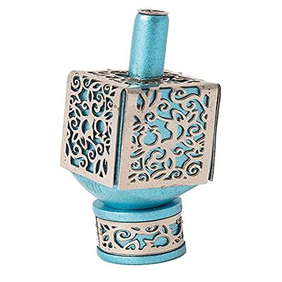 Yair Emanuel Decorative Dreidel with Stand | Pomegranates Cutout Design | Hanukkah Gift Jewish Decorations (Turquoise, Medium)