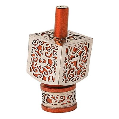 Yair Emanuel Decorative Dreidel with Stand | Pomegranates Cutout Design | Hanukkah Gift Jewish Decorations (Orange, Medium)