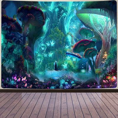 Aidatain Enchanted Forest Mushroom Plant Tapestry Fairy Tale Large Tree Jungle Landscape Wall Hanging Flannel Large 80" 60" Tapestries for Bedroom Living Room Dorm GTWHAT250