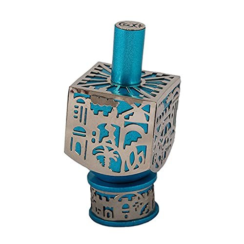 EMANUEL Yair Decorative Dreidel with Jerusalem Cutout and Stand | Hanukkah Sevivon Gift Jewish Decorations (Turquoise, Medium)