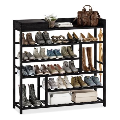 Bamworld Shoe Rack for Front Door Entrance Bamboo Shoe Organizer with Storage Box Free Standing Shoe Cabinet Shoe Storage Shelf for Entryway, Closet and Doorway (Black)