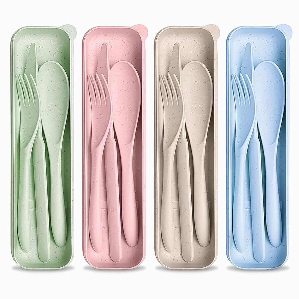 Wheat Straw Utensils Set with Case, 4 Adult Travel Silverware Sets