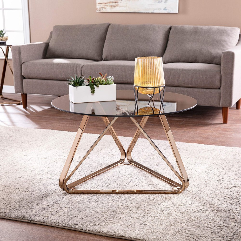Unknown1 Contemporary Champagne Glass Cocktail Table Grey Modern Round Iron Finish Metallic Includes Hardware