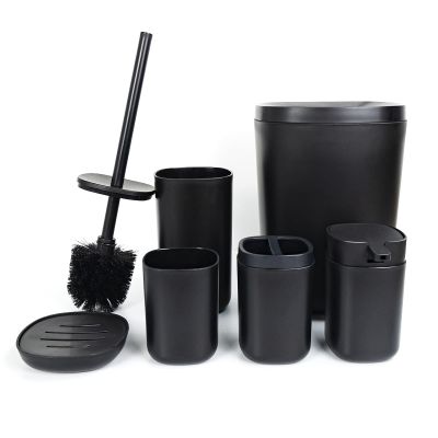 Bathroom Accessories Set of 6 Complete, Toothbrush Holder, Soap Dispenser, Garbage Trash Can, Soap Dish, Toothbrush Cup and Toilet Brush Holder, Black