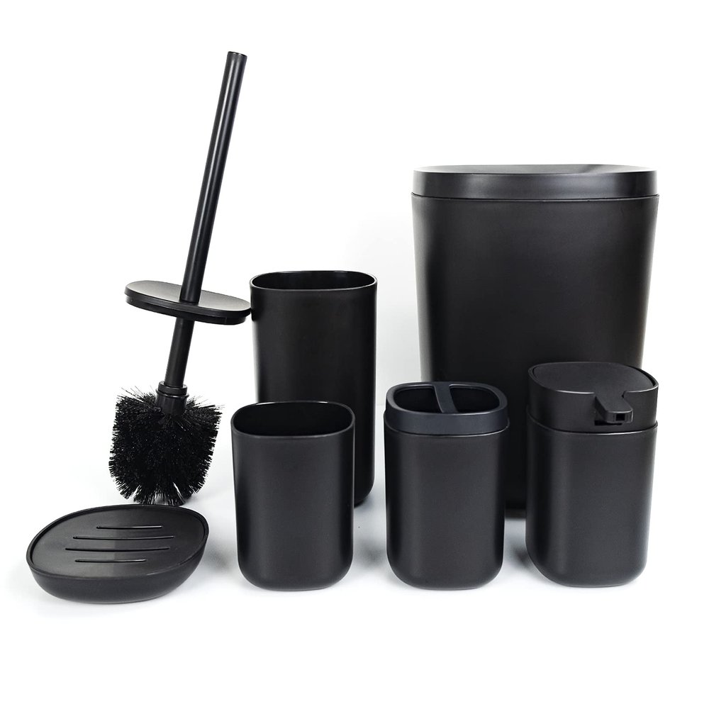 Bathroom Accessories Set of 6 Complete, Toothbrush Holder, Soap Dispenser, Garbage Trash Can, Soap Dish, Toothbrush Cup and Toilet Brush Holder, Black