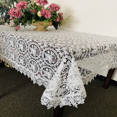 000 AMT Floral Venice Lace Linen with Cross Stitch Embroidered Linen tablecloths: White/Beige (Beige, 68 x 86 OB.)