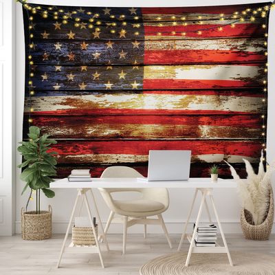 Ambesonne American Flag Tapestry, Us over Old Rusty Tones Weathered Vintage Social Plank Art, Fabric Wall Hanging Decor for Bedroom Living Room Dorm, 45" X 30", Red Blue