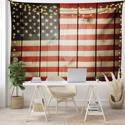 Ambesonne American Flag Tapestry, Usa Flag over Vertical Striped Wooden Board Citizen Solidarity Art, Fabric Wall Hanging Decor for Bedroom Living Room Dorm, 45" X 30", Coral Cream