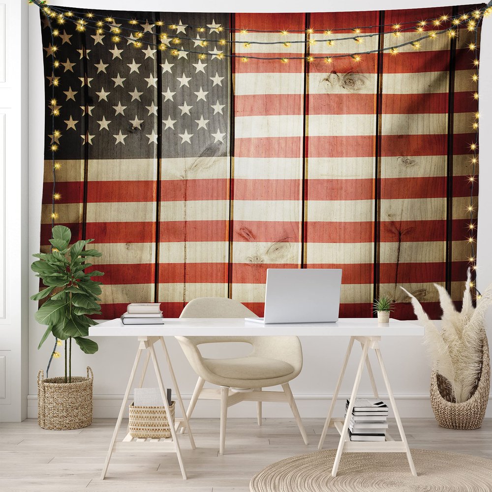 Ambesonne American Flag Tapestry, Usa Flag over Vertical Striped Wooden Board Citizen Solidarity Art, Fabric Wall Hanging Decor for Bedroom Living Room Dorm, 45" X 30", Coral Cream