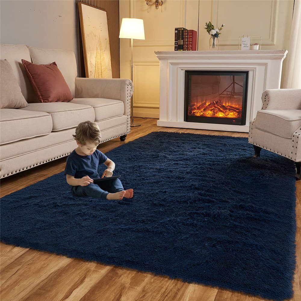 Arbosofe Area Rugs Shaggy Rugs Fluffy Carpets, 6x9 Feet Navy Blue, Modern Plush Carpets for Living Room Bedroom for Kids Girls and Boys, Playroom, and Nursery Room Home Decor