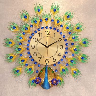 DANADESK Peacock Decorative Wall Clock, Metal Frame Non-Ticking Mute Arabic Numerals Quartz Analog Hanging Clock Dining Living Room (Color : Green, Size : 31inch)