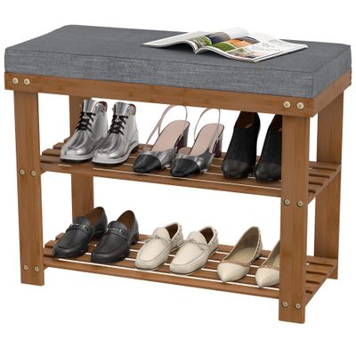 Domax Shoe Rack Bench for Entryway, 3-Tier Bamboo Shoe Holder with Cushioned Upholstered Seat, Brown