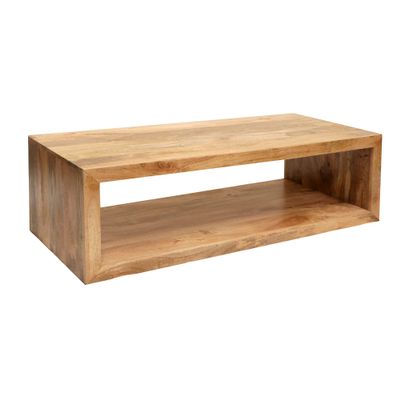58-Inch Cube Shape Mango Wood Coffee Table with Open Bottom Shelf