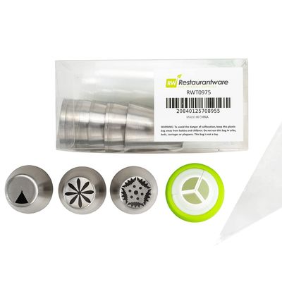 Restaurantware Pastry Tek Russian Piping Tips Set 23 Piece Durable Cake Decorating Kit - 12 Piping Tips 10 Piping Bags Stainless Steel Piping Bags And Tips Set 1 Tri-Color Coupler