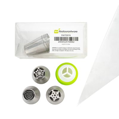 Restaurantware Pastry Tek Russian Piping Tips Set 18 Piece Durable Cake Decorating Kit - 7 Piping Tips 10 Piping Bags Stainless Steel Piping Bags And Tips Set 1 Tri-Color Coupler