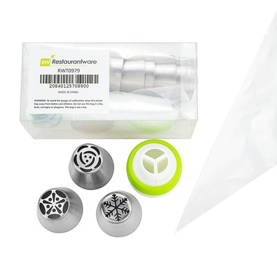 Restaurantware Pastry Tek Russian Piping Tips Set 21 Piece Durable Cake Decorating Kit - 10 Piping Tips 10 Piping Bags Stainless Steel Piping Bags And Tips Set 1 Tri-Color Coupler