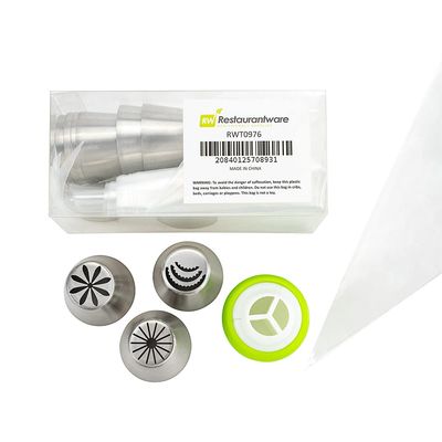 Restaurantware Pastry Tek Russian Piping Tips Set 20 Piece Durable Cake Decorating Kit - 9 Piping Tips 10 Piping Bags Stainless Steel Piping Bags And Tips Set 1 Tri-Color Coupler