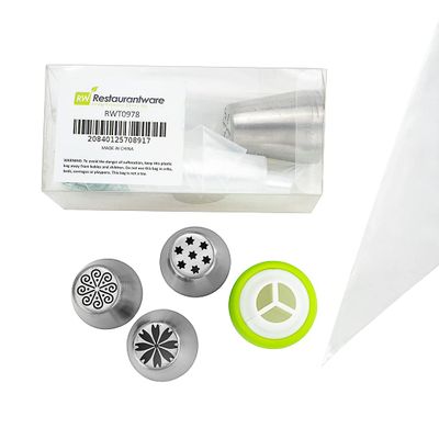 Restaurantware Pastry Tek Russian Piping Tips Set 17 Piece Durable Cake Decorating Kit - 6 Piping Tips 10 Piping Bags Stainless Steel Piping Bags And Tips Set 1 Tri-Color Coupler