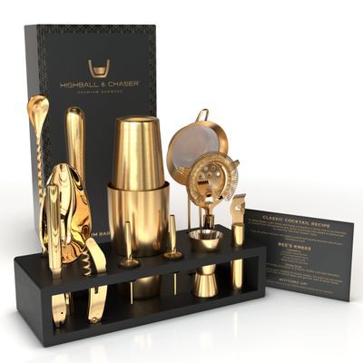 Highball & Chaser Bartender Kit with Black Bamboo Stand Beautiful Cocktail Shaker Set and Bar Tools Stainless Steel Boston Shaker Bartender Kit with Stand (Antique Gold)